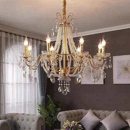 DecorBites™ Gold Crystal Pearl Chandelier LED Pendant Lights Luxe Living Room Decor