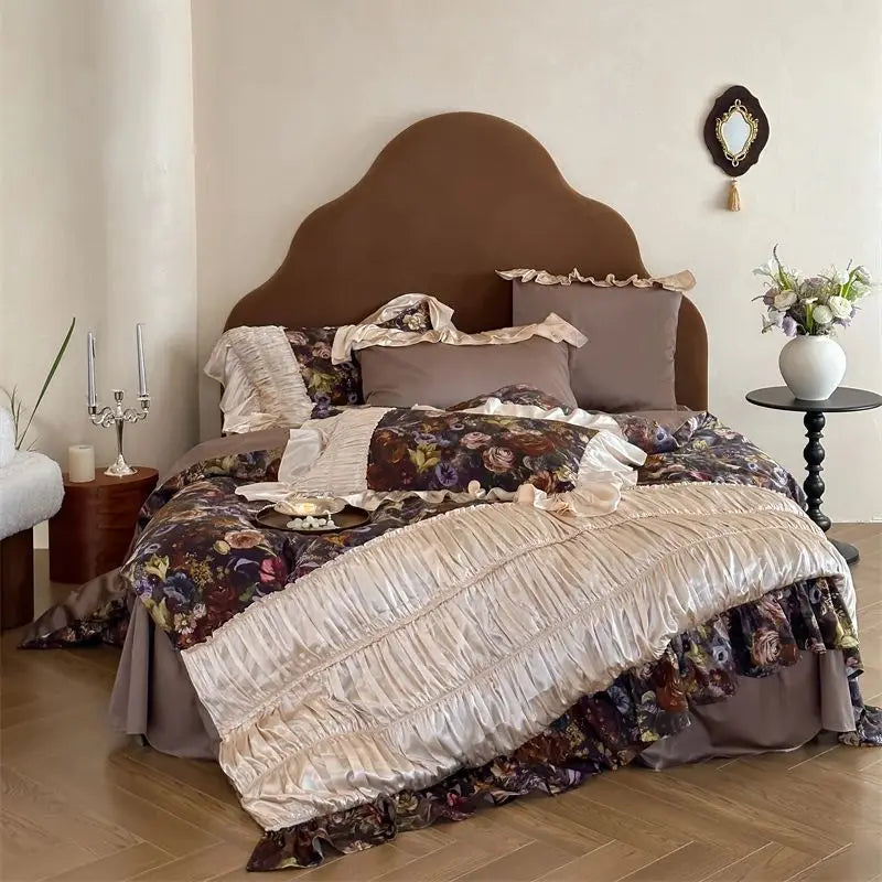 Decobites Vintage French Flowers Lace Ruffles Egyptian Cotton Bedding Set