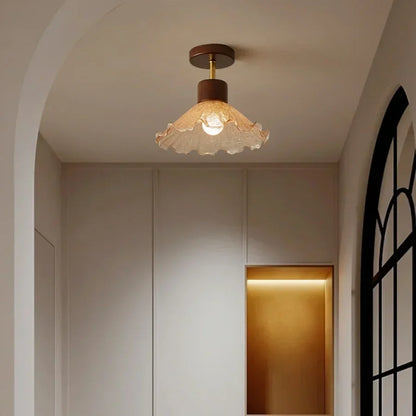 DecorBites™ Amber Glass Wood LED Ceiling Light Fixture for Modern Living Room.