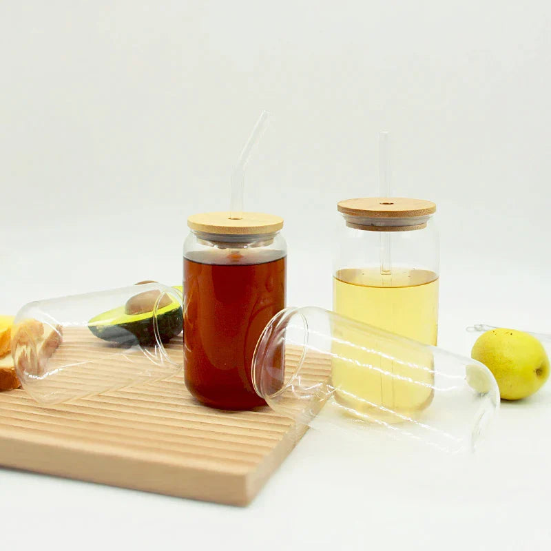 Juego de vasos de vidrio DecorBites™ con tapa de bambú: Taza para té de burbujas, café, vino o té con leche.