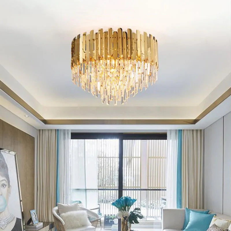 DecorBites™ Golden LED Crystal Ceiling Light for Luxury Living Room, Modern Round Crystal Lamp
