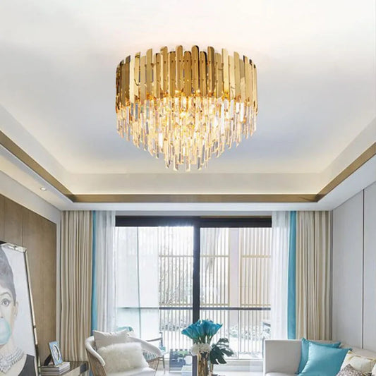 DecorBites™ Golden LED Crystal Ceiling Light for Luxury Living Room, Modern Round Crystal Lamp