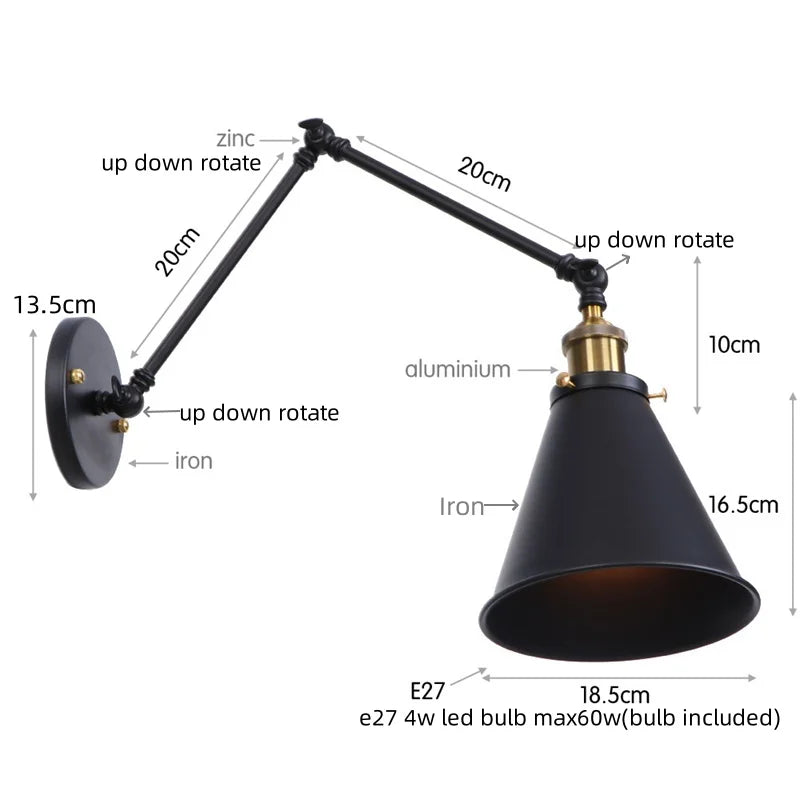 Lámpara de pared de brazo largo LED Decorbites™ con interruptor de cadena de tiro para hogar, hotel y baño