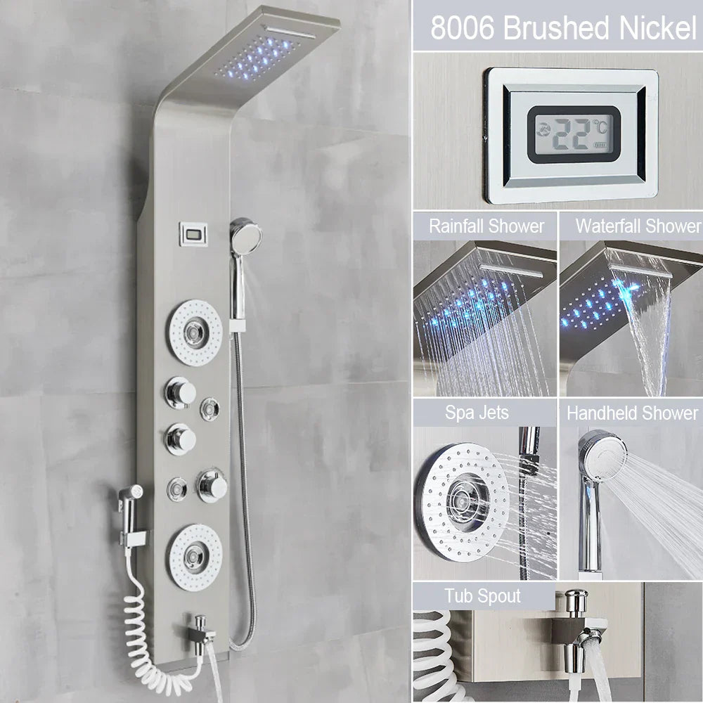 مجموعة دش مطري DecorBites™ أسود بإضاءة LED وشلال مع نفاثات تدليك