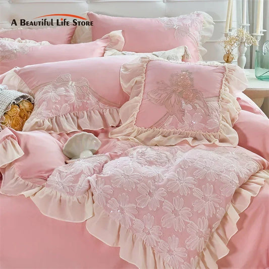 Decobites Pink Butterfly Embroidery Lace Princess Wedding Bedding Set