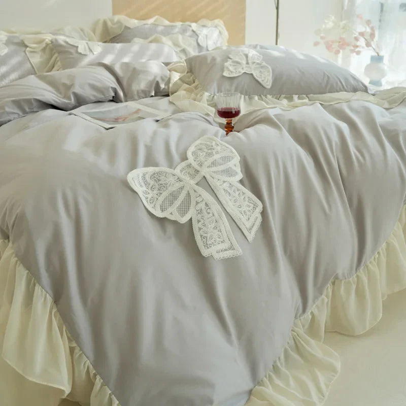 Decobites Korean Lace Ruffles Queen Size Duvet Cover with Bow Detail - Romantic French Design