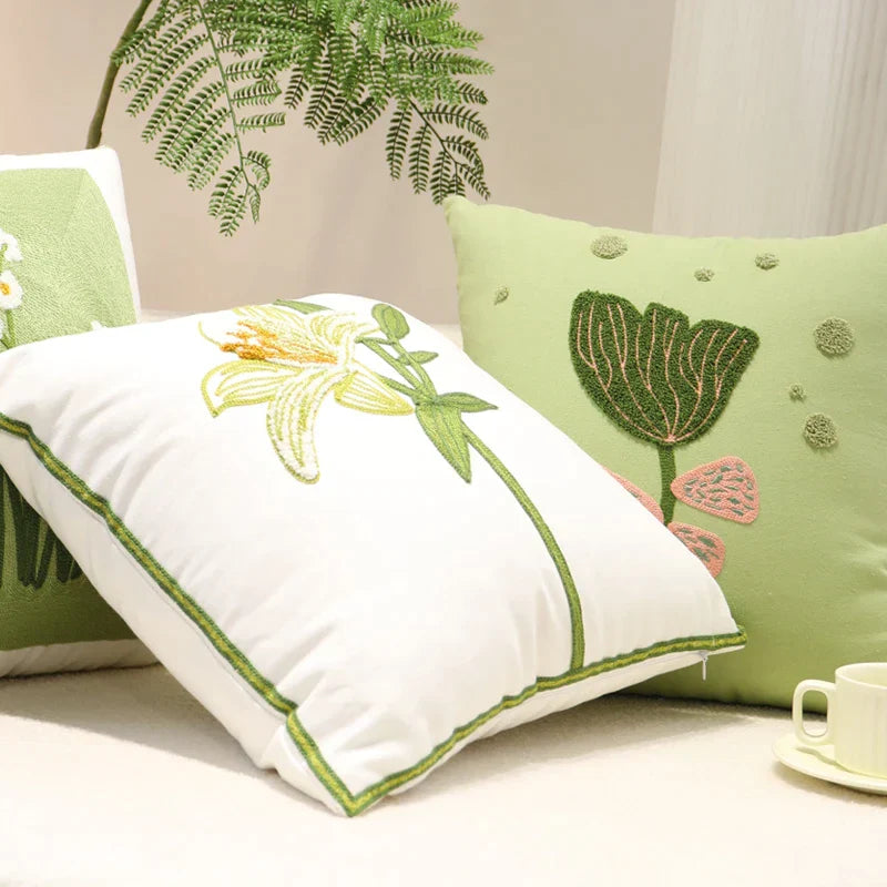 DecorBites™ Green Embroidered Cotton Cushion Cover, Rustic Throw Pillowcase for Living Room Sofa