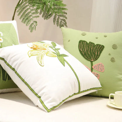 DecorBites™ Green Embroidered Cotton Cushion Cover, Rustic Throw Pillowcase for Living Room Sofa