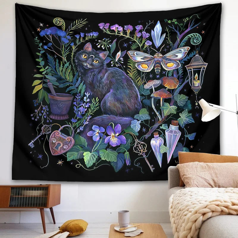 Boho Garden Tapestry Moon Moth Psychedelic Botanical Wall Hanging by Decobites.