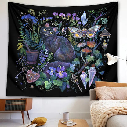 Boho Garden Tapestry Moon Moth Psychedelic Botanical Wall Hanging by Decobites.