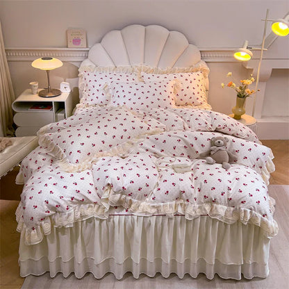 Decobites Princess Lace Ruffles Floral Bedding Set with Duvet Cover and Bed Skirt