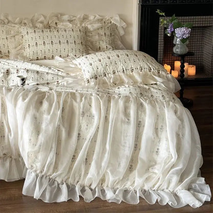 Decobites Vintage French Rose Print Princess Bedding Set with Lace Ruffles