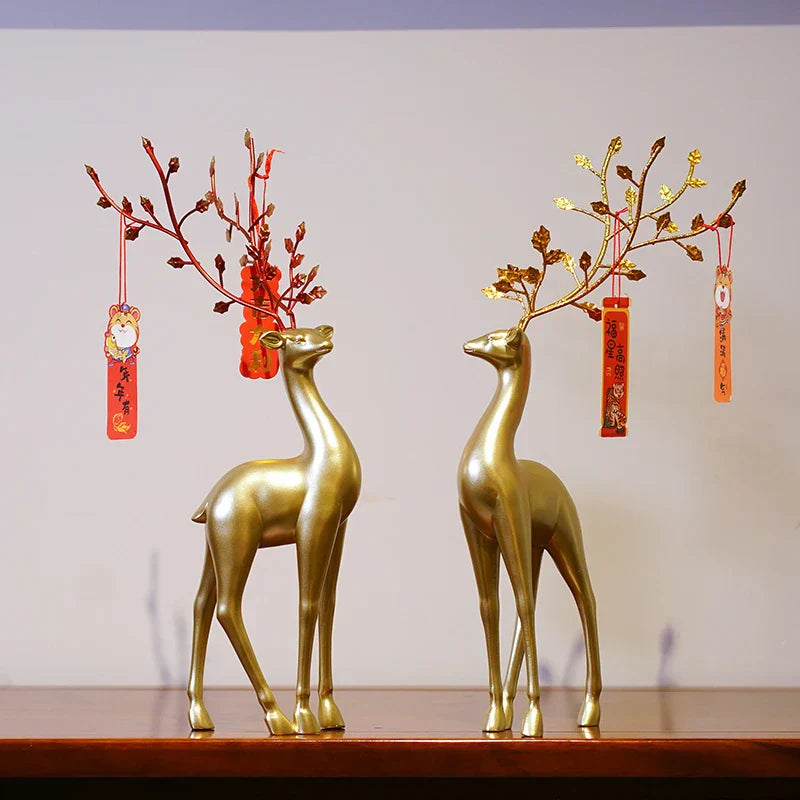 DecorBites™ Golden Deer Figurines: European Feng Shui Home Decor Sculptures