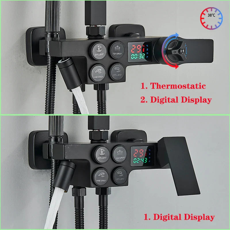 DecorBites™ Digital Display Thermostatic Shower Faucet Set, Rain Shower Column, Wall Mount - Black/Chrome