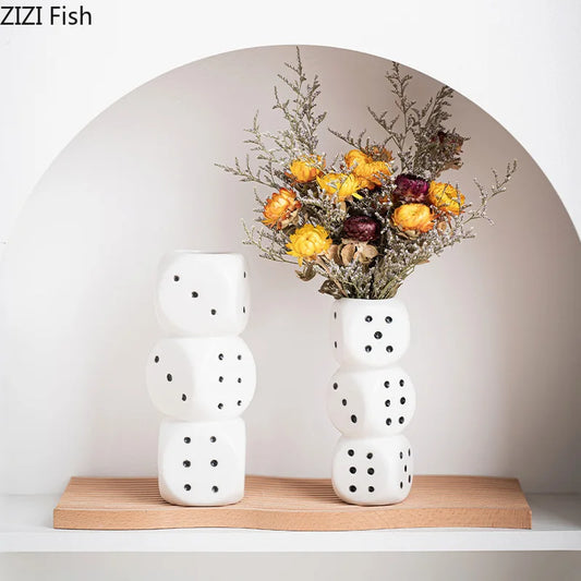 DecorBites™ Ceramic Dice Vase Desk Decor Flower Arrangement Artificial Flowers Room Aesthetic