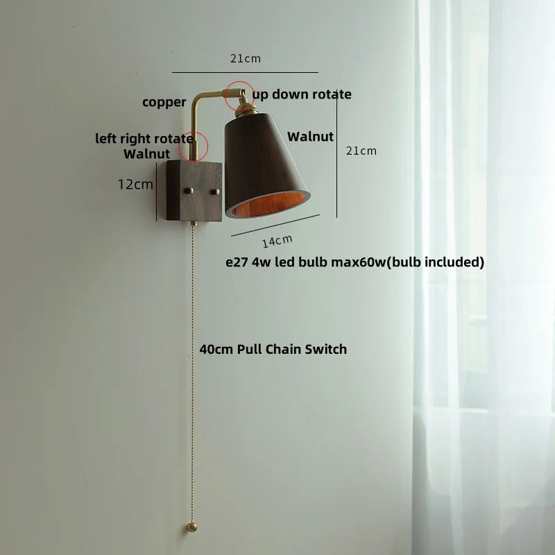 DecorBites™ Copper LED Wall Light Sconce Pull Chain Switch Rotatable Bedside Lamp