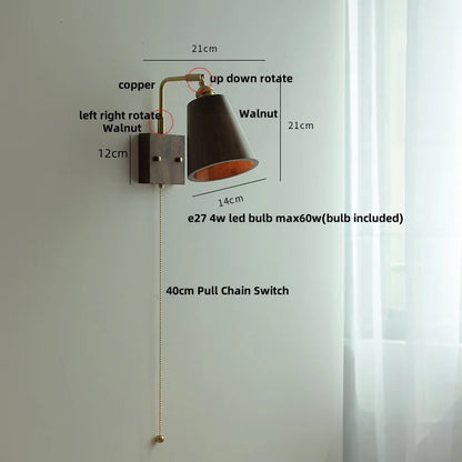 DecorBites™ Copper LED Wall Light Sconce Pull Chain Switch Rotatable Bedside Lamp