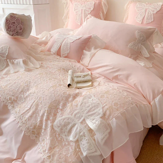 Decobites Romantic Lace Ruffles Bedding Set with Bow Decoration - Pink Girls Duvet Cover Set