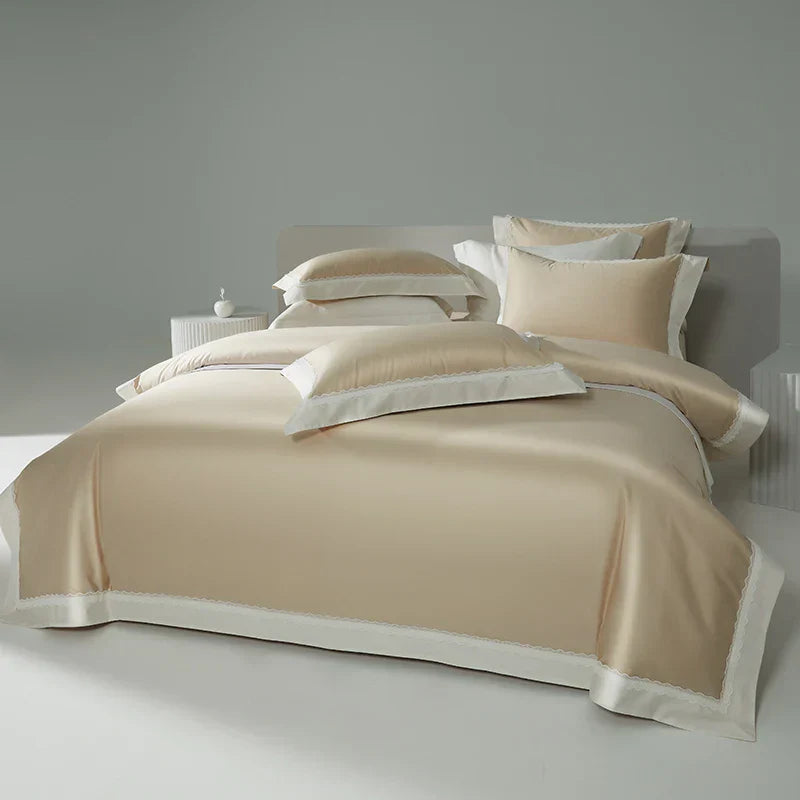 Decobites Lace Patchwork Bedding Set: 1200TC Egyptian Cotton Duvet Cover, Sheet, Pillowcases