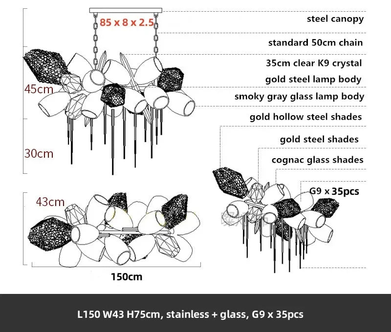DecorBites™ Glass Shades LED Chandelier Stairs Art Metal Lighting Luxe Chain Hanging Lamp