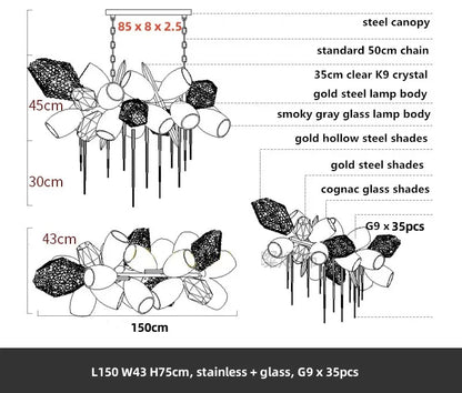 DecorBites™ Glass Shades LED Chandelier Stairs Art Metal Lighting Luxe Chain Hanging Lamp