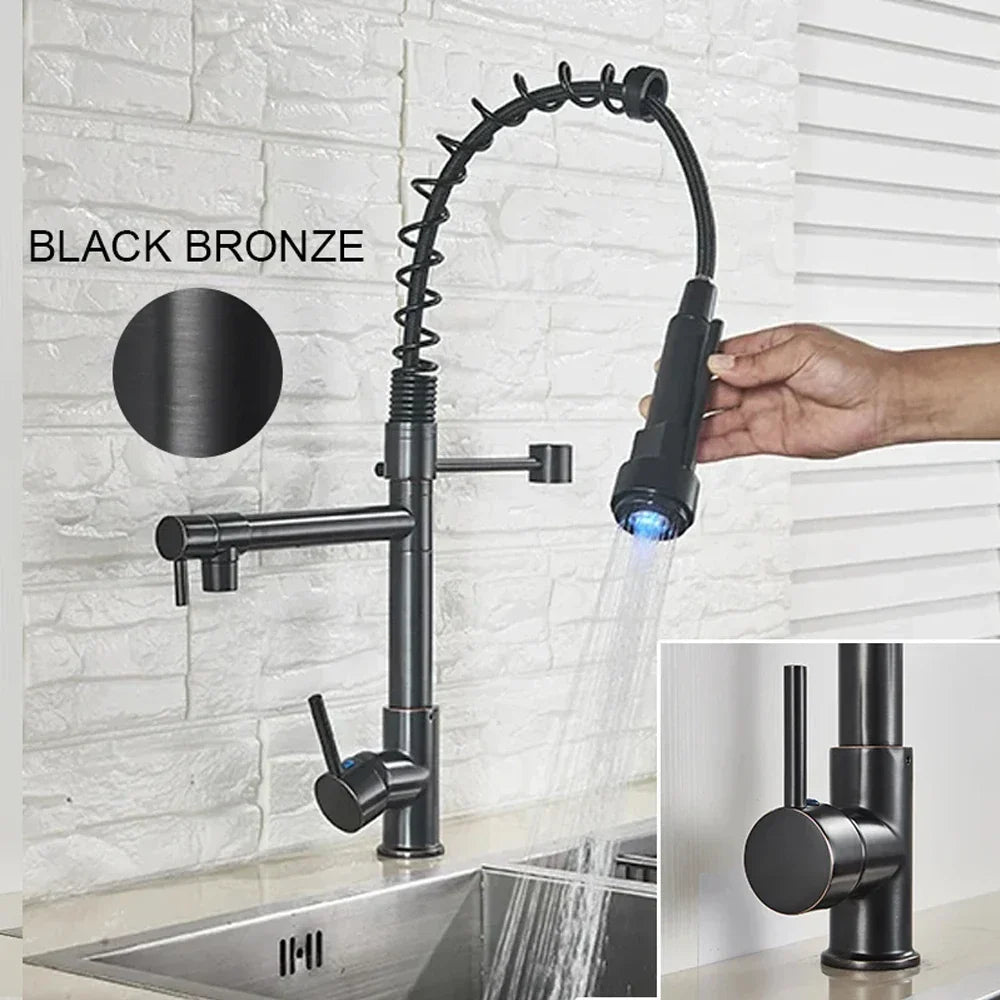 DecorBites™ LED Brushed Kitchen Faucet with Pull-Down Spring, Single Handle Swivel Spout