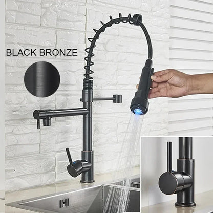 DecorBites™ LED Brushed Kitchen Faucet with Pull-Down Spring, Single Handle Swivel Spout