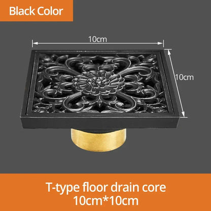 DecorBites™ Black Brass Shower Drain Strainer Floor Cover Square Art Carved Grate Basins SY-073R