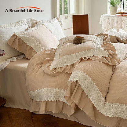 Decobites French Lace Ruffles Bedding Set - Soft and Skin-friendly Duvet Cover Set