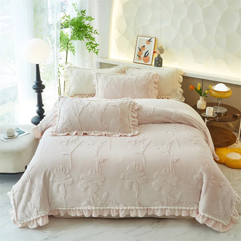 Velvet Ruffles Luxury Bedding Set by Decobites: 3D Carved Plush Duvet Cover, Bed Sheet, Pillowcase