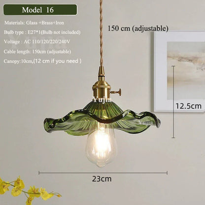 Vintage Green Glass Pendant Light With Brass Finish