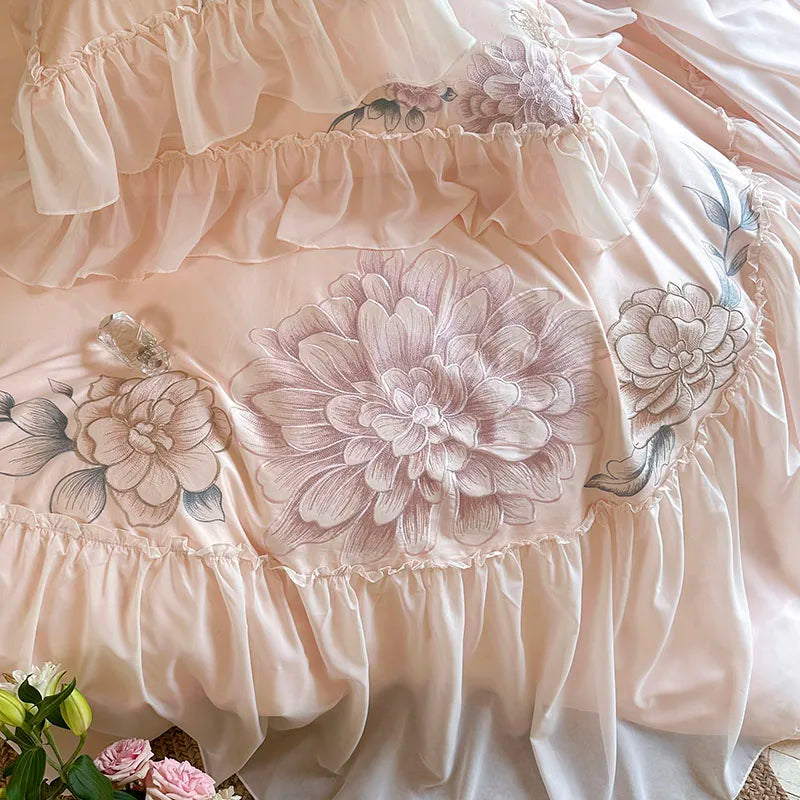 Decobites Pink Flowers Lace Ruffles Princess Bedding Set, 1200TC Egyptian Cotton Duvet Cover