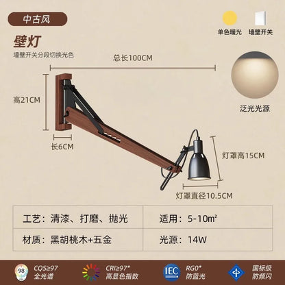 Lámpara de pared DecorBites™ LED de brazo articulado y poste largo, madera maciza, ajustable, diseño industrial