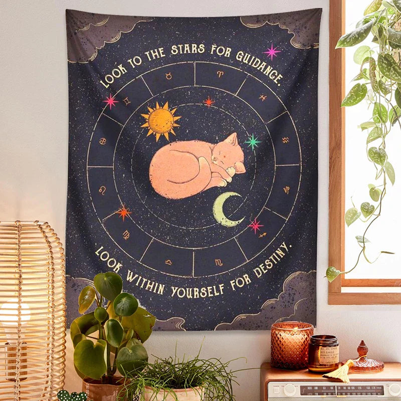 Decobites Tarot Cat Zodiac Astrology Sun Moon Wall Hanging Tapestry for Home Decor