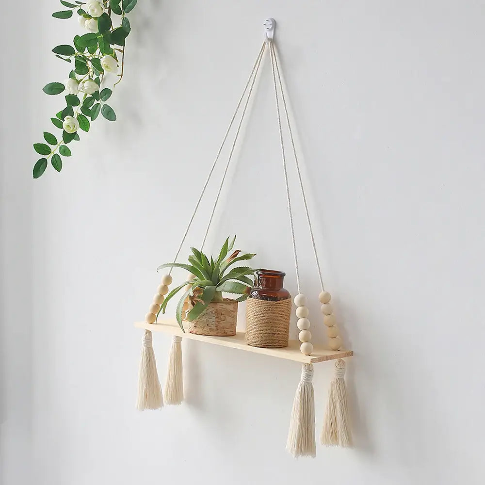 DecorBites™ Rustic Wooden Wall Shelf with Hanging Plant Storage