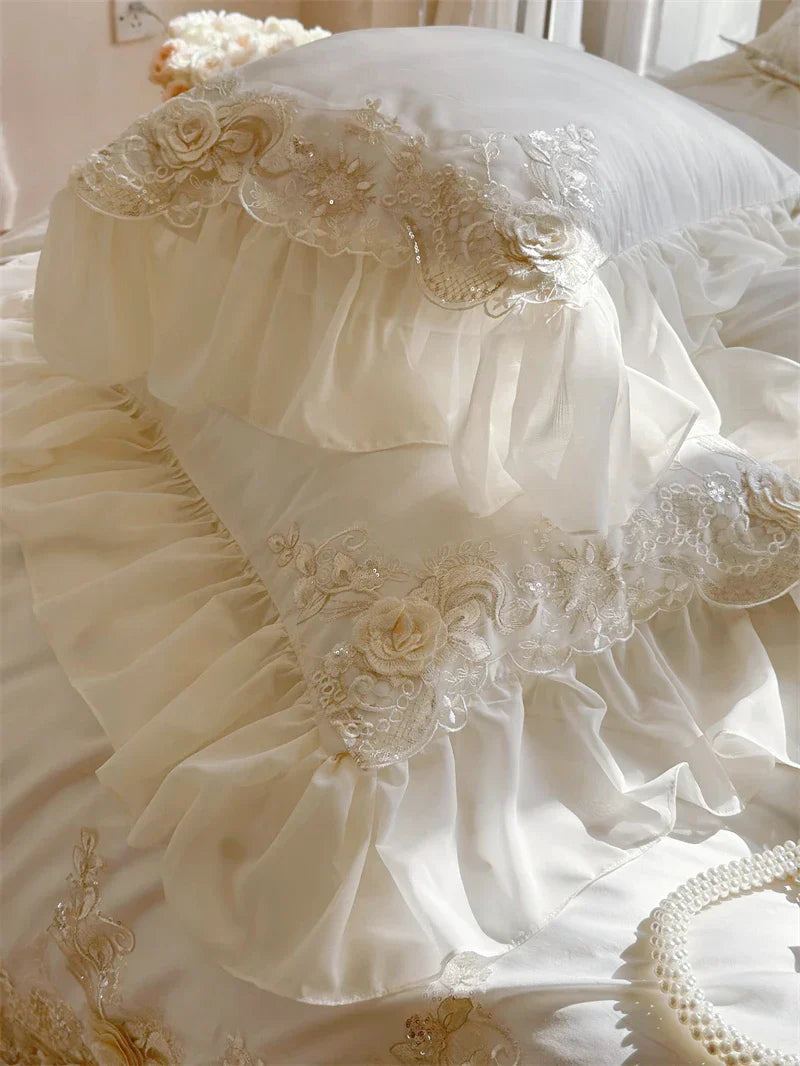 Luxury Lace Ruffle Wedding Bedding Set by Decobites