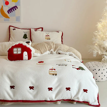 Decobites Cartoon Embroidered Cashmere Winter Bedding Set - Queen Size