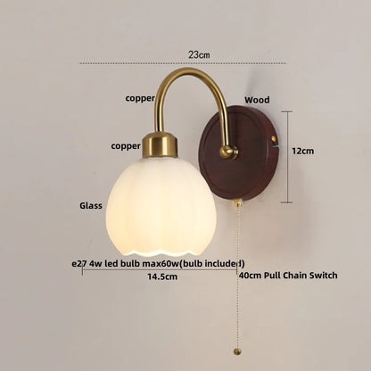 DecorBites™ LED Wall Light Glass Fixture Pull Chain Switch Wood Bedside Sconce