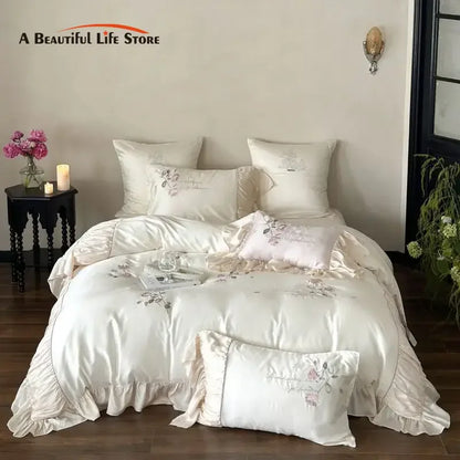 Decobites Embroidered Lace Princess Bedding Set - 4 Piece Cotton Flowers Collection