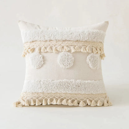DecorBites™ Beige Tufted Fringed Cushion Cover Cotton Linen Tassel Crochet Pillow Cover