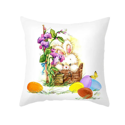 DecorBites™ Easter Rabbit & Eggs Pillowcase: Festival Home Decor Flower Bunny Print Cushion Cover