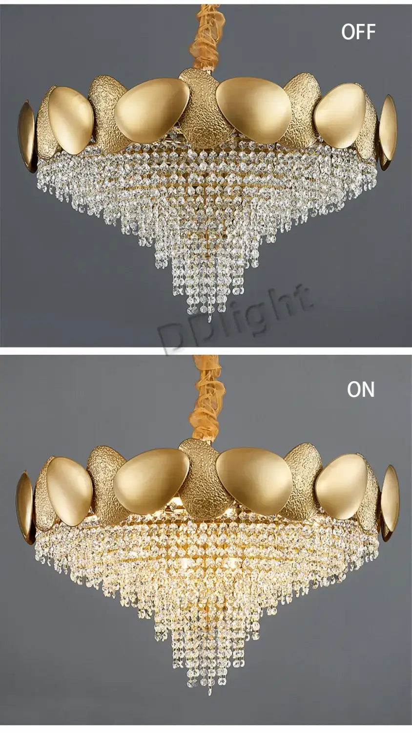 Luxury gold crystal led ceiling chandelier with tiered design featuring polished metallic leaf-shaped accents and cascading crystal beads for living room.