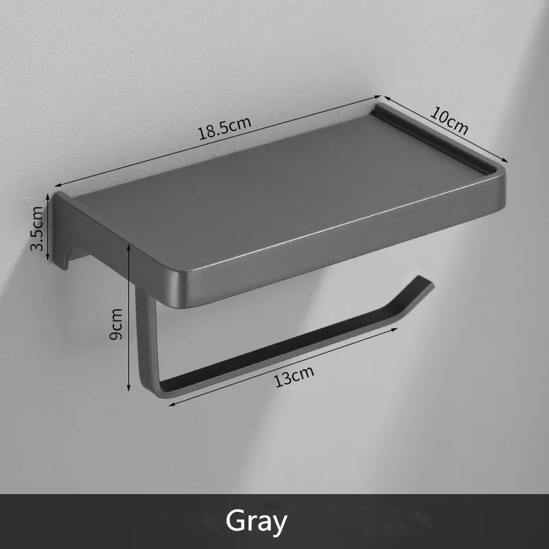 DecorBites™ Aluminum Gray Bathroom Paper Roll Holder with Phone Shelf, Tissue Box Rack