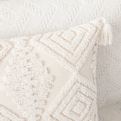 أغطية وسائد ديكوربايتس™ القطنية البيضاء المزينة بشراشيب، مقاس 45×45/30×50 سم - غطاء وسادة بتصميم هندسي مربع