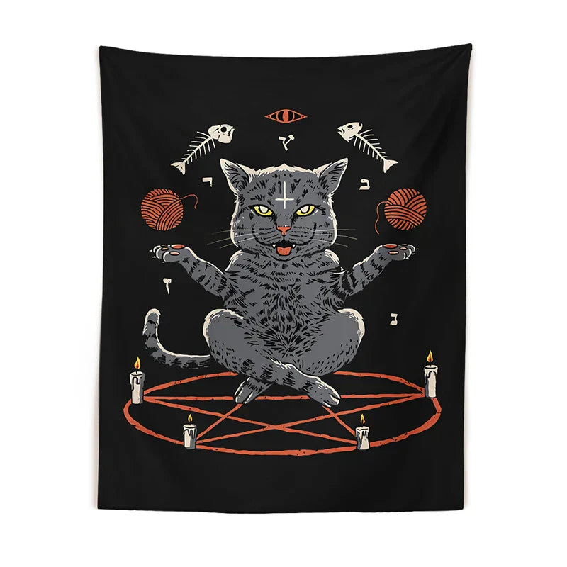 Decobites Cat Coven Tapestry Wall Hanging - Cool Black Witchcraft Decor for Living Room and Bedroom