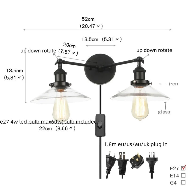 DecorBites™ Industrial LED Wall Light Fixture with Pull Chain Switch, 2 Heads Bedside Lamp