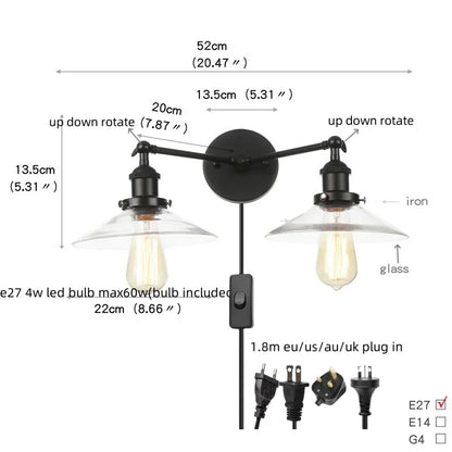 DecorBites™ Industrial LED Wall Light Fixture with Pull Chain Switch, 2 Heads Bedside Lamp