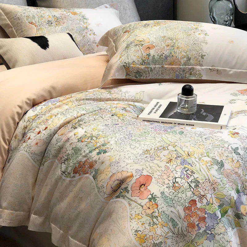 Decobites Flowers Plant Print Bedding Set: Luxe Lyocell Cotton Soft Silky Cool Duvet Cover Set