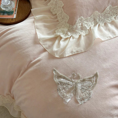 Decobites Velvet Fleece Bedding Set with Butterfly Embroidery and French Hollow Lace