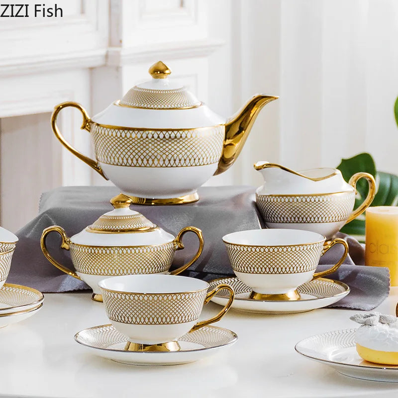 Juego de té de cerámica dorada Decorbites™ para mesa de comedor, taza de café, tetera, té de la tarde y recipiente para bebidas